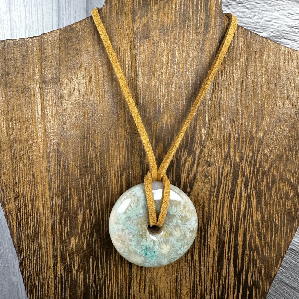 Green Coral Fossil Donut Pendant on Brown Faux Suede - Picture 6 of 11